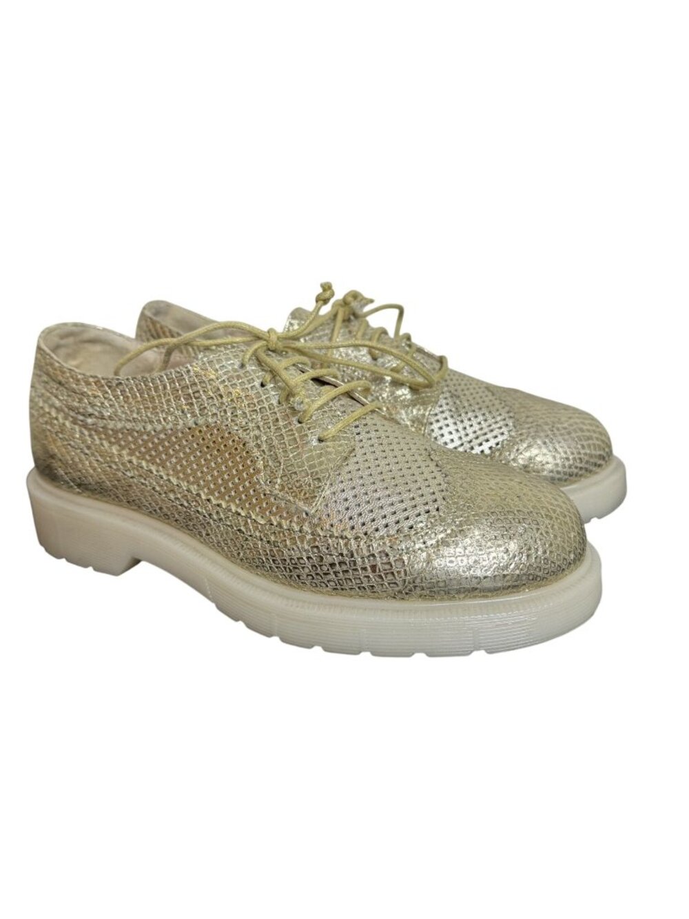 Private Brand Perforated Gold Snakeskin Brogue Lace-Up Oxford, Lug Sole, Size 38